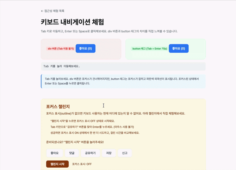 div 버튼은 Tab으로 포커스가 건너뛰어지고, button 태그에만 파란 외곽선이 잡히는 모습